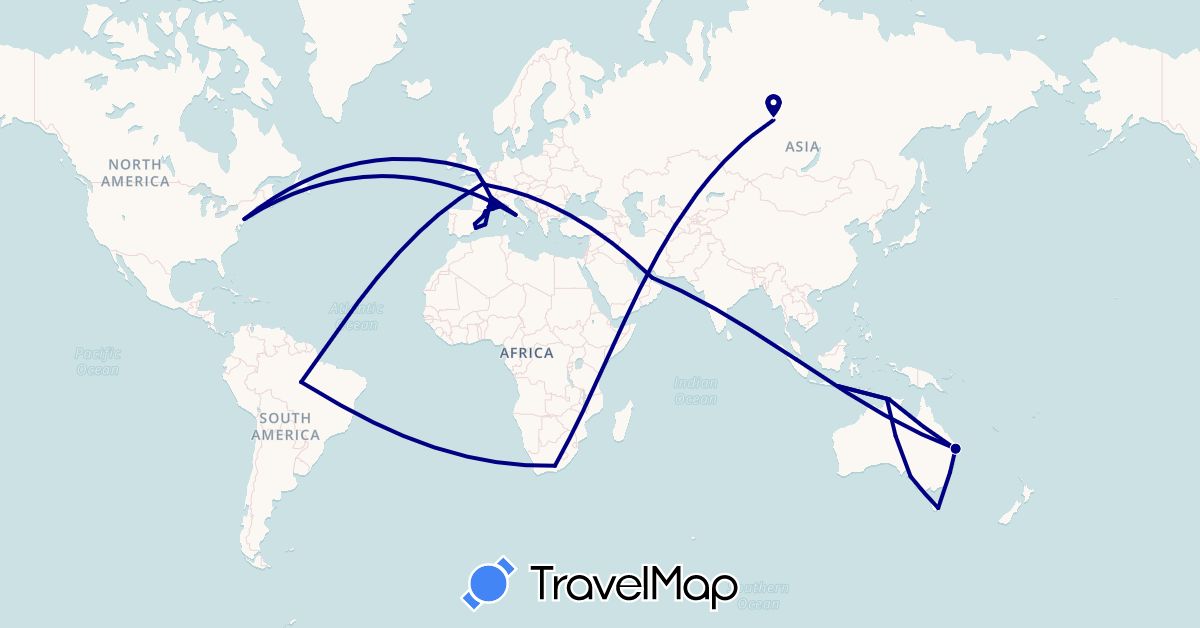 TravelMap itinerary: driving in United Arab Emirates, Australia, Brazil, Spain, France, United Kingdom, Indonesia, Italy, Russia, United States, South Africa (Africa, Asia, Europe, North America, Oceania, South America)